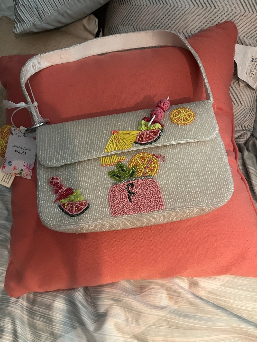 Beaded Cream Tropical Cocktail Shoulder Bag
